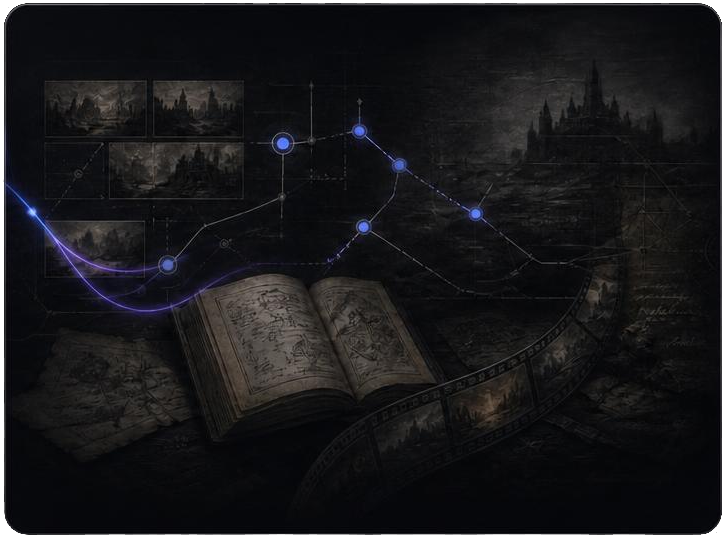 Mundos de historia abstractos — libro abierto, caminos ramificados e hilos de memoria